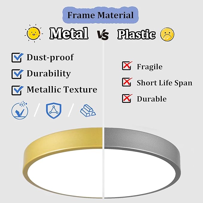 9 Inch Gold Metal Flush Mount LED Ceiling Light, 3000-5000k 20W Thin Round Modern Ceiling Light Fixture, Low Profile Ceiling Lamp for Bedroom, Living Room, Entryway, Bathroom, Kitchen