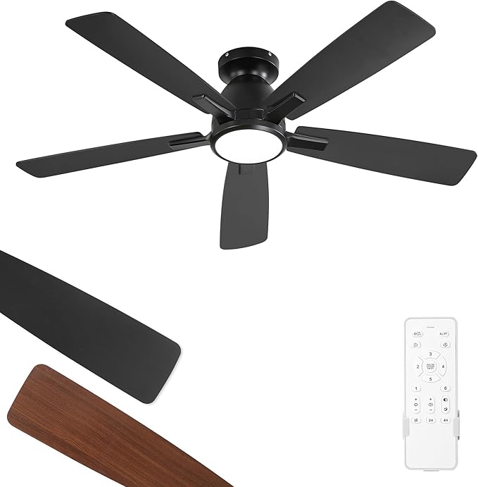 Fanbulous 46 inch Ceiling Fans with Lights, Flush Mount Ceiling Fan and Remote, Modern Low Profile, 3CCT 20W LED Light with 6-Speeds Quiet Reversible Motor, for Bedroom, Living Room, Apartment, Black