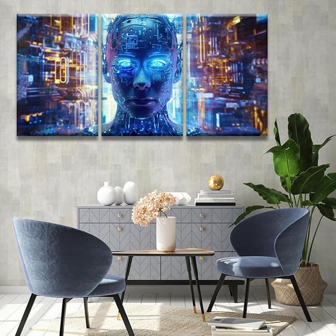 LSIUHWUWI Artificial Intelligence, Cyber Security Pictures for Bedroom Wall Decor 3 Panel Wall Art Print on Canvas Posters and Prints Wall Hanging Decor Frame Artwork Ready to Hang 16x24inchx3