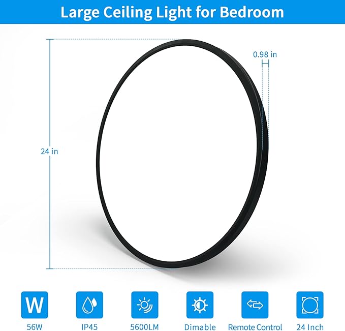 24 Inch Large LED Flush Mount Ceiling Light Fixtures - 56W Dimmable Kitchen Ceiling Light with Remote, 5600lm, 3000K/4500K/6000K Adjustable LED Ceiling Lamp for Bedroom, Black