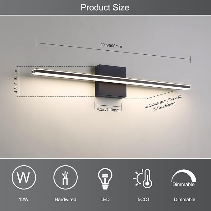 Vanity Light for Bathroom Lighting Fixtures Over Mirror 24 Inch Dimmable 5CCT Modern Vanity Lights Black Bathroom Light Bar Bath Wall Sconce 18W