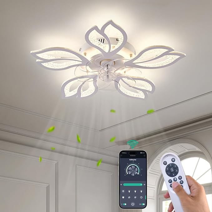 Ceiling Fan with Lights Remote Control, White Bladeless Ceiling Fan with Light, 6 Speeds 3 Light Color Low Profile Ceiling Fan for Kitchen Bedroom