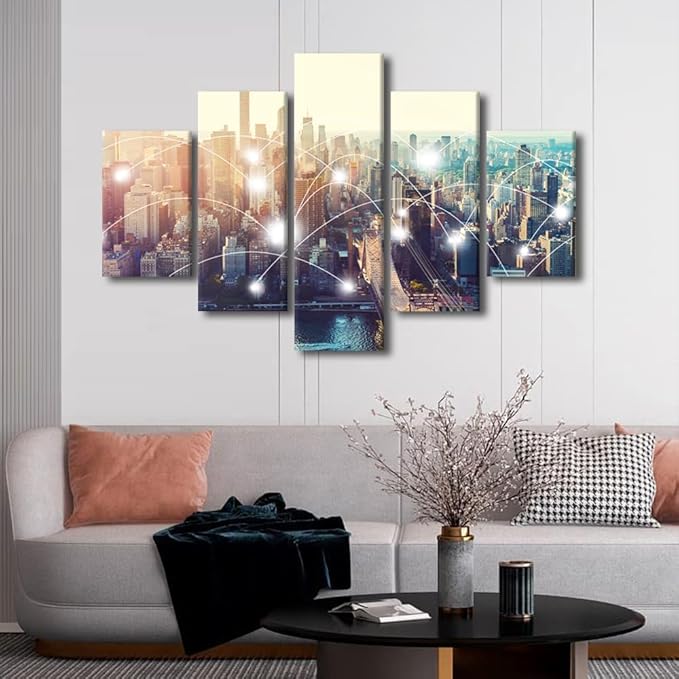 Canvas Wall Art New York Smart City Poster 5 Panel Connection Concept Poster Native Americans Living Room Decor Communication Workers Bedroom Decor Frame and Stretched Ready to Hang 60x40 Inch