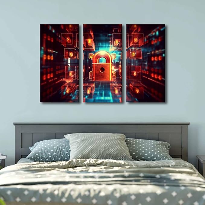 TUMOVO 3 Panels Modern Wall Art Digital Image of Padlock Cyber Security Background Canvas Prints Art for Living Room Bedroom Decorations, Wooden Framed Ready to Hang, 36" Wx24 H