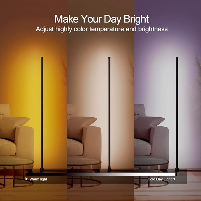 Generic RGB Corner Floor Lamp, Smart WiFi App Control, DIY Mode, Music Sync, Timer Setting, LED Corner Lamp for Bedroom, Living Room, TV, Game Room - Right Angle Base