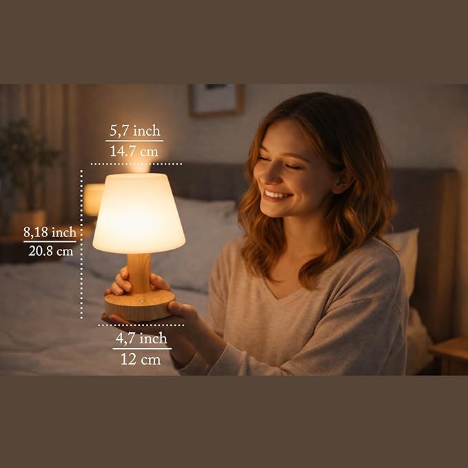 Cordless Table Lamp, Rechargeable Table Lamp, Waterproof Shower Lamp, 5200mAh Small Lamps, 3-Color Dimmable Touch Light, Portable Outdoor and indoor table lamp, Bedside night light (Natural Wood)
