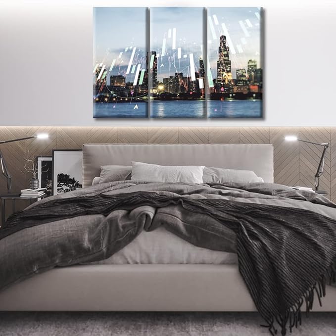 TUMOVO Office Decor Abstract Virtual Financial Graph Hologram Paintings Wall Decor for Living Room 3 Piece Chicago Skyline Background Pictures Print on Canvas Framed Ready to Hang (60" Wx40 H)