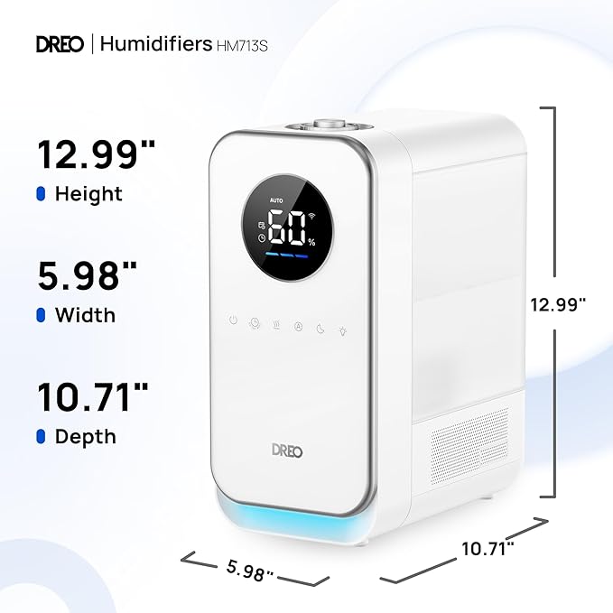 DREO Humidifiers for Bedroom, Top-filled Smart Quiet Cool Mist Humidifier for Large Room, 50 Hours Runtime for Home, Indoor Plants, Oil Diffuser & Nightlight for Baby Nusery, 5L, with Alexa/Google
