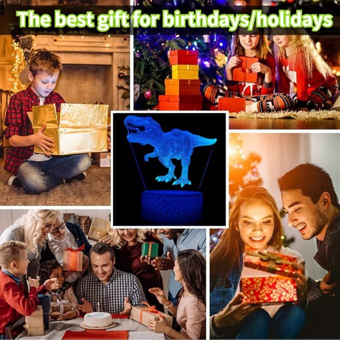 3D Hologram Dinosaur Night Light, 4 Patterns, Dimmable Remote/Smart Touch, 16 Color Changing Light, T-Rex Bedside Desk Lamp, Gift for Dinosaur Lovers