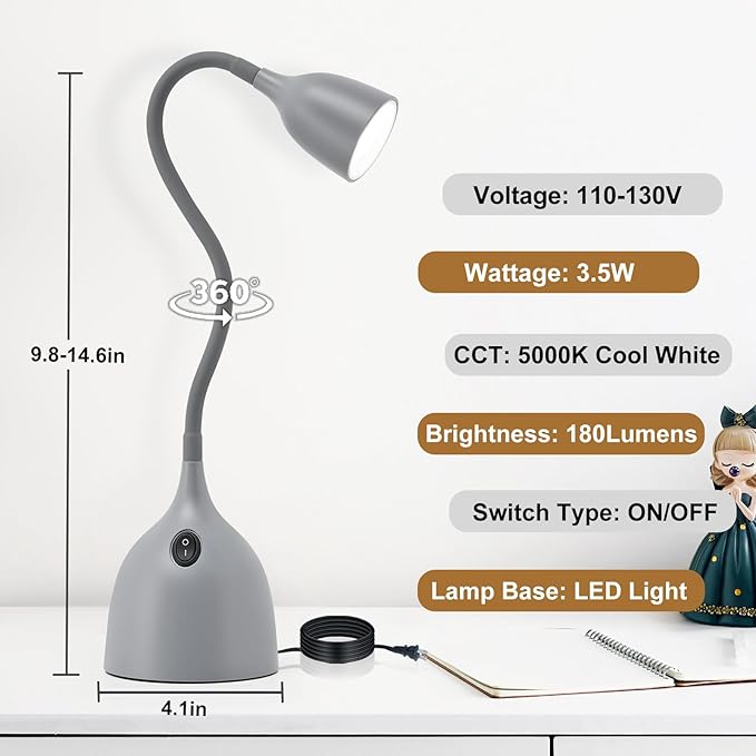 Desk Lamp for College Dorm Room - LED Reading Light - Small Adjustable Flexible Gooseneck Table Lamp - Eye-Caring Desk Lamp for Home Office Study Lamp, White
