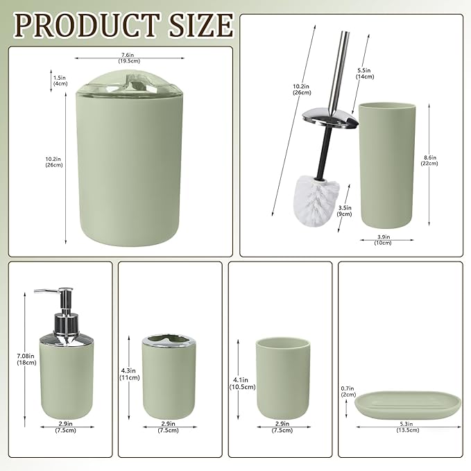 CERBIOR Bathroom Accessories Set 6 Piece Bath Ensemble Includes Soap Dispenser, Toothbrush Holder, Toothbrush Cup, Soap Dish for Decorative Countertop and Housewarming Gift (Green)