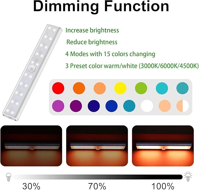 15-Color RGB Under Cabinet Lighting, Wireless Rechargeable Closet Lights, 48-LED Super Bright Night Light with Remote,10-Level Dimming & 3 Timer, Under Counter Lights for Kitchen,Stairs (4 Pack)