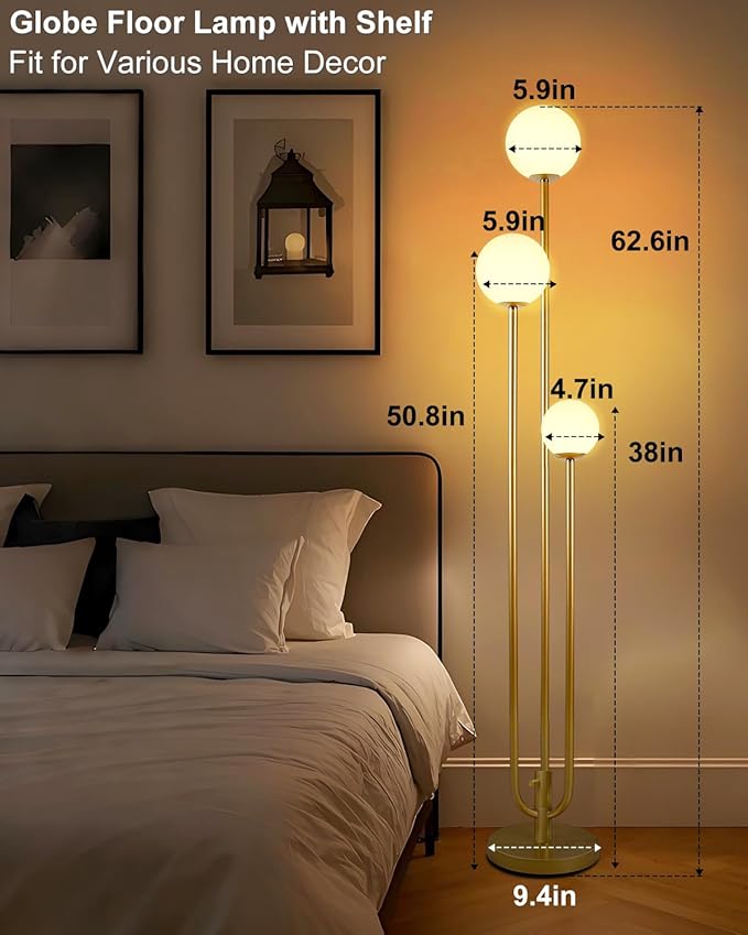 Lightdot 63IN Gold Floor Lamp Dimmable 3-Lights Globe LED Floor Lamps with Bulbs Included for Wedding/Party Candle Holder Style Tall Standing Lamp for Living Room/Bedroom/Sofa Beside/Corner Decor