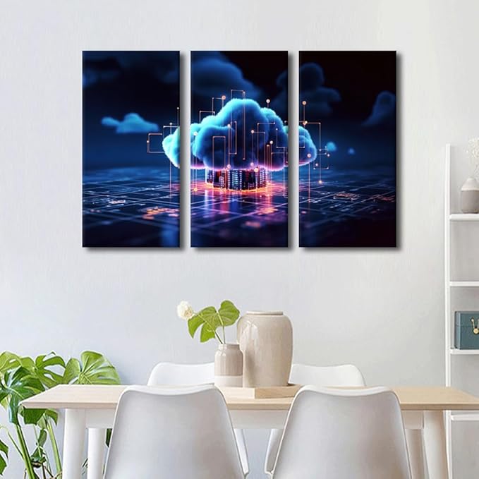 TUMOVO 3 Panel Modern Wall Art Cyber Security and Data Protection Concept Print on Canvas Wall Art for Living Room Bedroom Decoration Cloud Networking Artwork Framed Ready to Hang, 36" Wx24 H