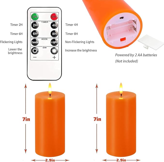 Orange Flameless Candles, Set of 2 7"x3" Flickering LED Candles with Remote & Timer, Dimmable Electric Pillar Candles Battery Operated, Candles Light for Fall Thanksgiving Halloween Decor (Orange)
