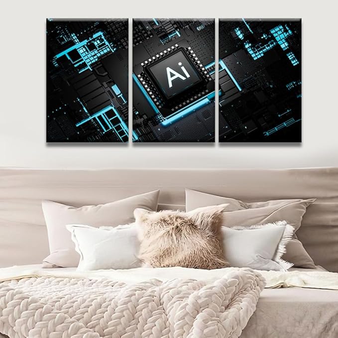 LSIUHWUWI 3 Panel Wall Decor CPU Pictures Posters, Artificial Intelligence Processor Smart Microchip Wall Art for Living Room Bedroom Decoration, Ready to Hang, 16x24inchx3