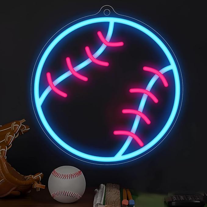 Baseball Neon Sign Dimmable Sport LED Signs USB Powered with Pink and Blue Lights for Wall Decor Living Room Bedroom Man Cave Home College Club Shop Kids Gift