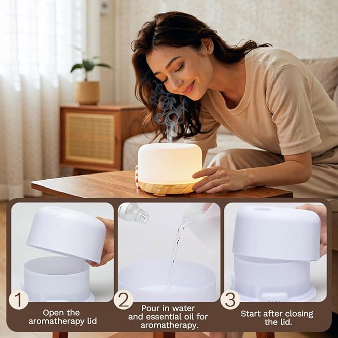 500ml Premium Essential Oil Diffuser,Quiet 4-in-1 Ultrasonic Aromatherapy Humidifier,7 Color LED Lights,with Adjustable Automatic Timer Off Function and Spray Mode. (Yellow Woodgrain,Mini Model)