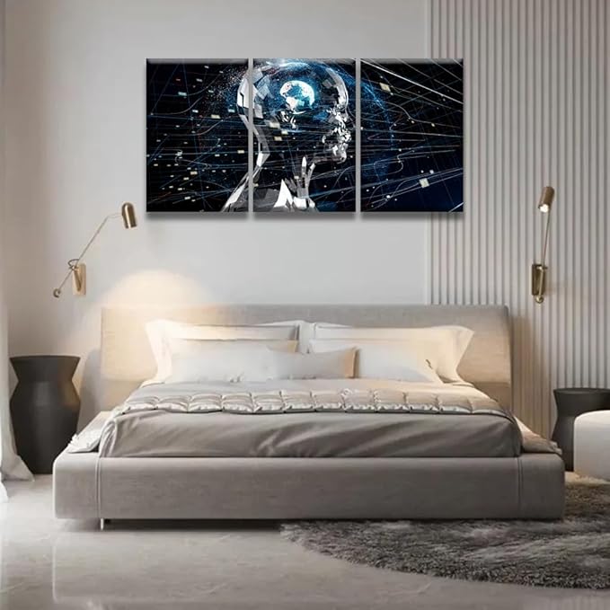 Wall Art for Living Room 3 Artificial Intelligence Pictures Posters for Home Room Office Wall Decoration, Wall Art Artwork Wooden Framed Gallery-Wrapped Ready to Hang, 16x24inchx3