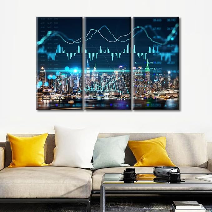 TUMOVO New York City Skyline Background Forex Graph Hologram Canvas Paintings Wall Art for Living Room 3 Piece Artwork Wall Decor Living Room Print on Canvas Framed Ready to Hang (60" Wx40 H)