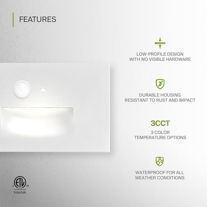 ASD LED Recessed Step Light Fixture, Dusk To Dawn Outdoor Tread Lighting | 3CCT, Motion Sensor, Photocell, Waterproof, ETL Listed | 3W 120LM 3000K-5000K 120V | Staircase Hardwired Illumination | White