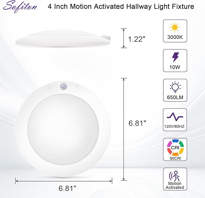 4 Inch Motion Sensor Ceiling Light, 10W 650LM, 60s Timeout, 120V LED Disk Lights, CRI90+, ETL Certified, Non-dimmable, Wet Location - Closets, Hallway, Entryway, Stairs, 4 Pack