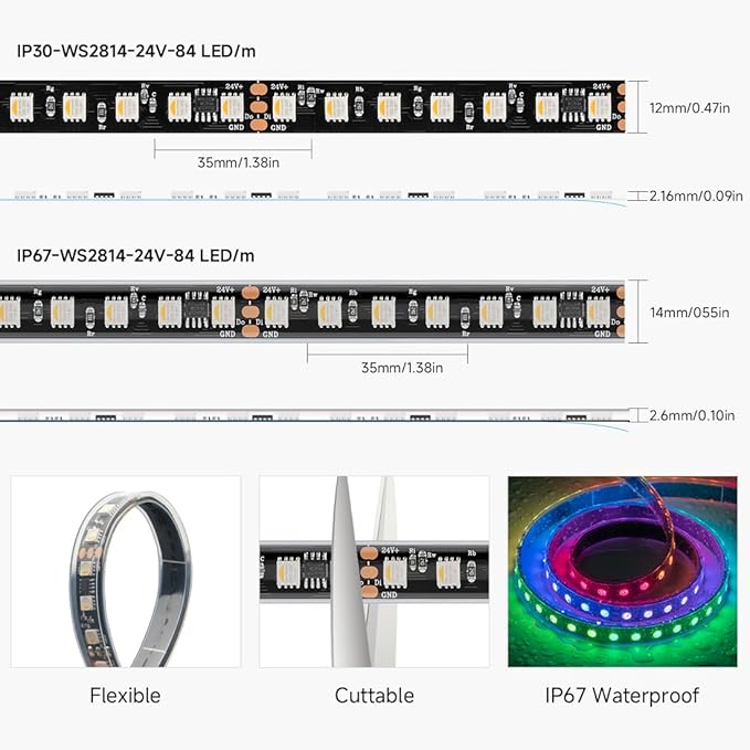 BTF-LIGHTING WS2814 IC RGBW RGB+Warm White(Similar WS2812B) DC24V 16.4FT 84LED/m 14pixel/m 4 Colors in 1 Dream Color Addressable LED Strip 14mm Width PCB IP67(No Adapter or Controller)