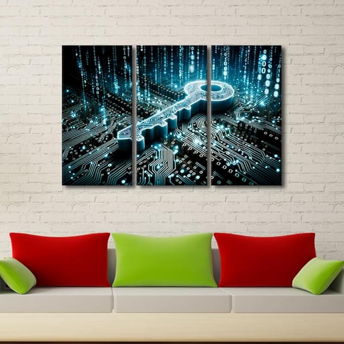 TUMOVO Security Concept Wall Art Key on Circuit Board Background with Binary Code Poster Pictures Print On Canvas Wall Art, Artificial Intelligence Artwork for Wall Decoration, 42" Wx28 H