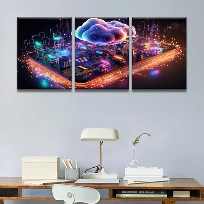 Framed Wall Art 3 Panels Wall Decor Cloud Computing Concept Pictures Print On Canvas for Living Room Bedroom Wall Decoration, Giclee Artwork Ready to Hang, 12x16inchx3