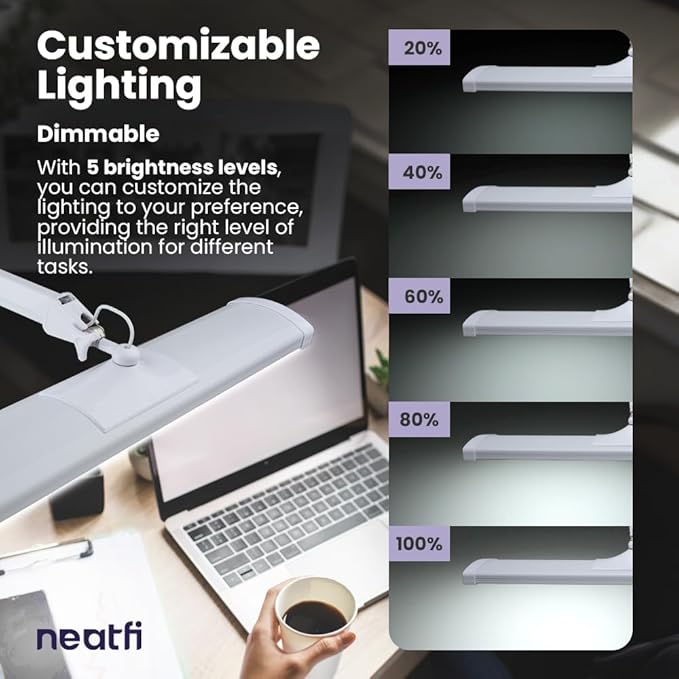 Neatfi 3,500 Lumens LED Desk Lamp – 45W Dimmable Task Light | 3 Light Modes | 540 SMD LEDs | Touch Control | 26-Inch Wide Metal Shade | Reading, Craft, Workbench & Office (CCT with Base, White)