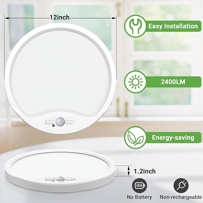 zemty 2Pack 12inch Motion Sensor Ceiling Lights Wired, 24W 2400lm 3CCT/3 Mode/30-120s Timer, Bright White LED Flush Mount Light Fixture Motion Activated for Closet Pantry Hallways Stairwells Garage