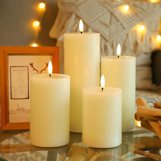 Lezonic Ivory LED Flameless Candles with Remote Timer, 4 Pack Battery Operated Candles Flickering, Grease Design Real Wax Pillar for Wedding Decor, Centerpiece, Birthday Gifts (4/5/6/8 Inch)