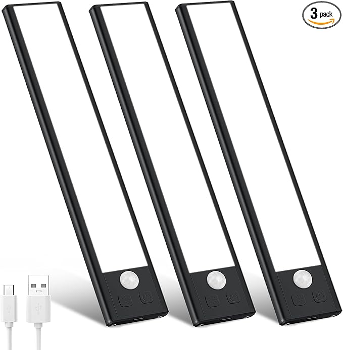 3 Pack Under Cabinet Lights, 32 LED Cold White Rechargeable Under Cabinet Lighting Motion Sensor LED Lights for Kitchen, Counter, Closet, Stairs (Black - Cold White Light, 8.07 Inch - 3 Pack)