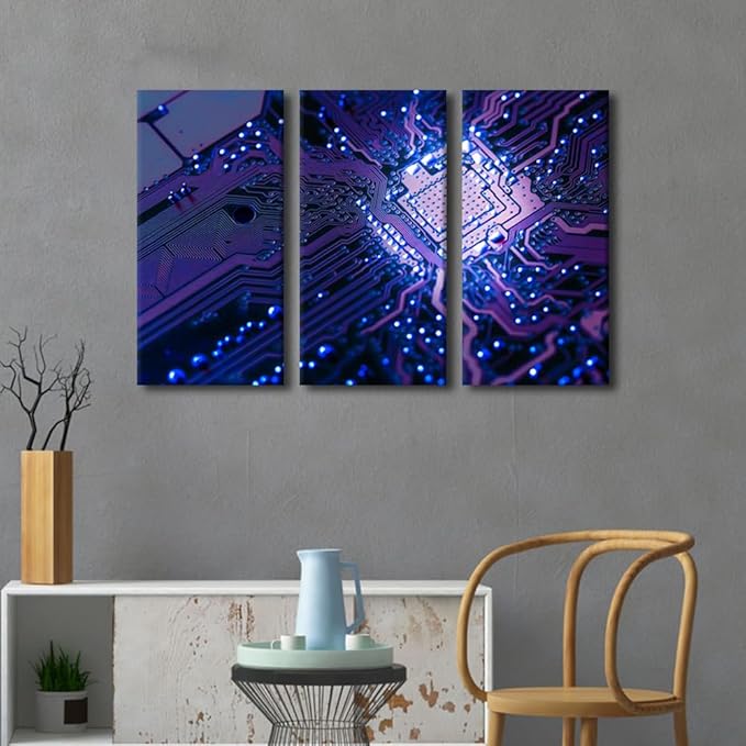 Wall Art Circuit Board 3 Pieces CPU Concept Posters and Prints Bedroom Decor Canvas Wall Art Computer Processors CPU Paintings Giclee Wooden Framed Gallery-Wrapped Ready to Hang(24" Wx36 H)