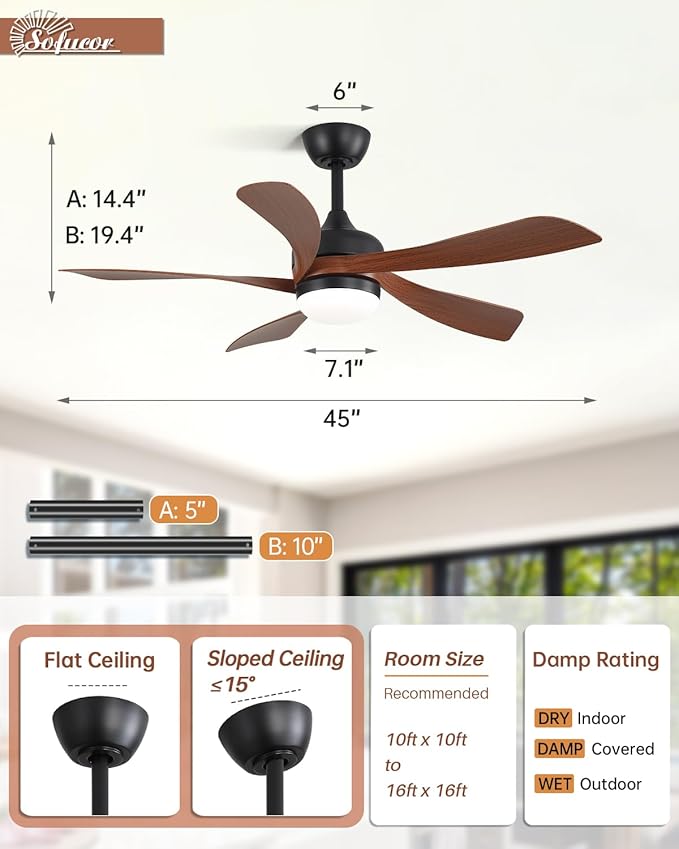 Sofucor 45 Inch Ceiling Fan with Lights and Remote, Indoor/Outdoor Ceiling Fan with Light 6-Speed 3 CCT 3-Timer, Low Profile Ceiling Fan 5 Blade Quiet DC Motor for Bedroom Living Room Patio