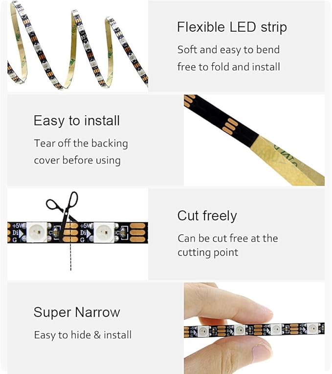 ALITOVE WS2812B LED Strip, 5mm Width Super Narrow RGB Addressable Light Strip 6.6ft 120 LEDs Programmable Dream Color Digital Pixel Rope Light 5V for Home Theater Bedroom Bar Decor