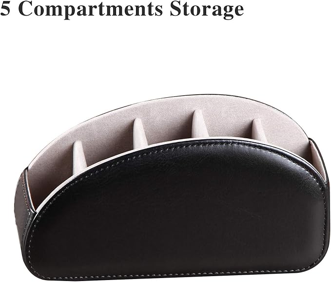 YAPISHI Large Leather TV Remote Control Holder Organizer Black with 5 Compartments Nightstand Desktop Media DVD Player Remote Tray Caddy Storage Box for Mobile Phone Pen Office Stationery Controllers