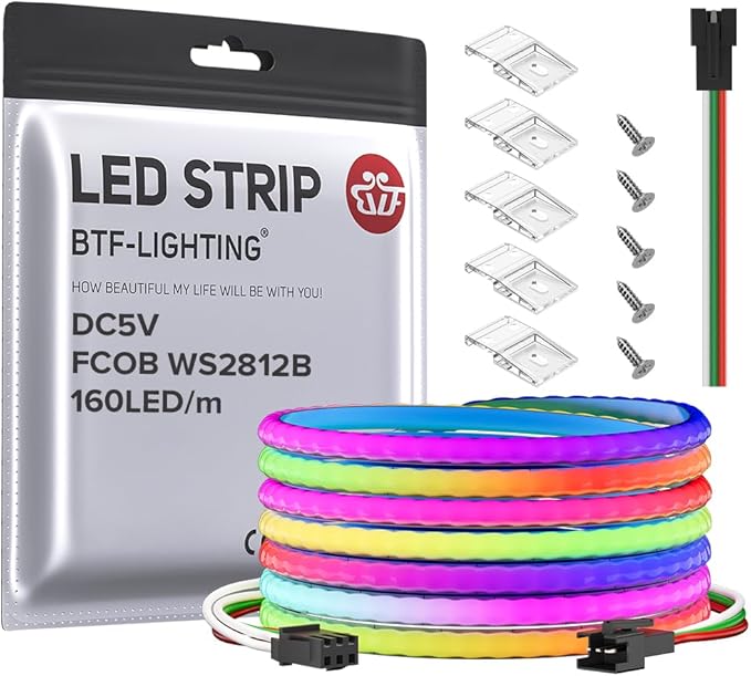 BTF-LIGHTING FCOB COB XGB1338(WS2812B) Individually Addressable IC RGB 160LED/m 640IC LED Strip DC5V 13.1FT 5mm Width Dream Chasing Color High Density Uniform Light(NO Adapter or Controller)