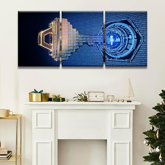 3 Panel Framed Wall Art A Key Formed from Binary Code Goes Into an Abstract Lock Picture Print on Canvas Posters for Bedroom Living Room Dorm Wall Decorations, 12x16inchx3