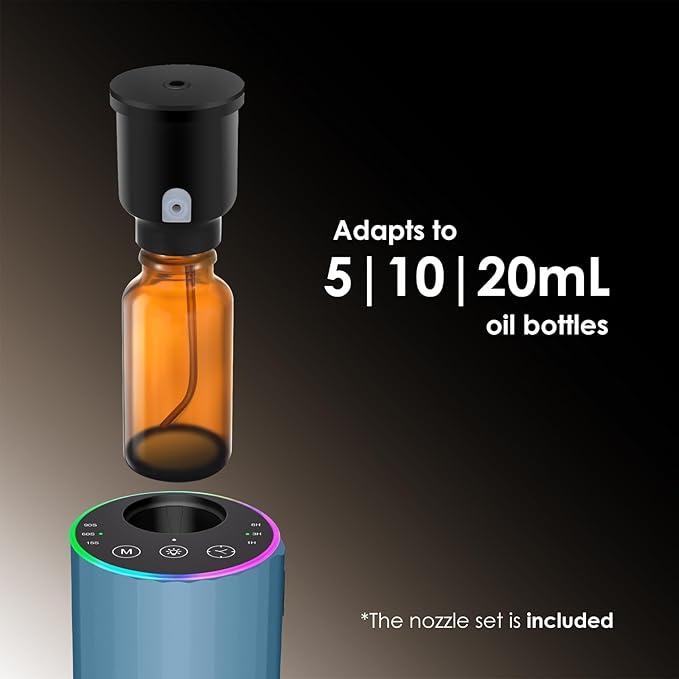 Waterless Essential Oil Diffuser, 7 Colors LED Light, Battery Powered Mini Scent Air Machine, Aromatherapy Mist Diffuser for Home Room Car Office，Black Aluminum Alloy (Blue)