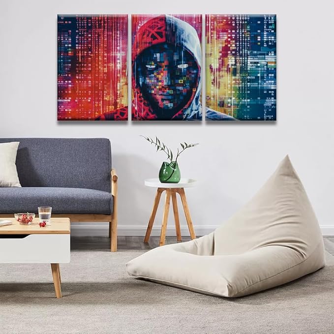 LSIUHWUWI Wall Decor 3 Panels Modern Wall Art Hacker in Mask on Dark Background with Digital Effects Pictures Print on Canvas for Home Wall Decorations, Ready to Hang, 16x24inchx3