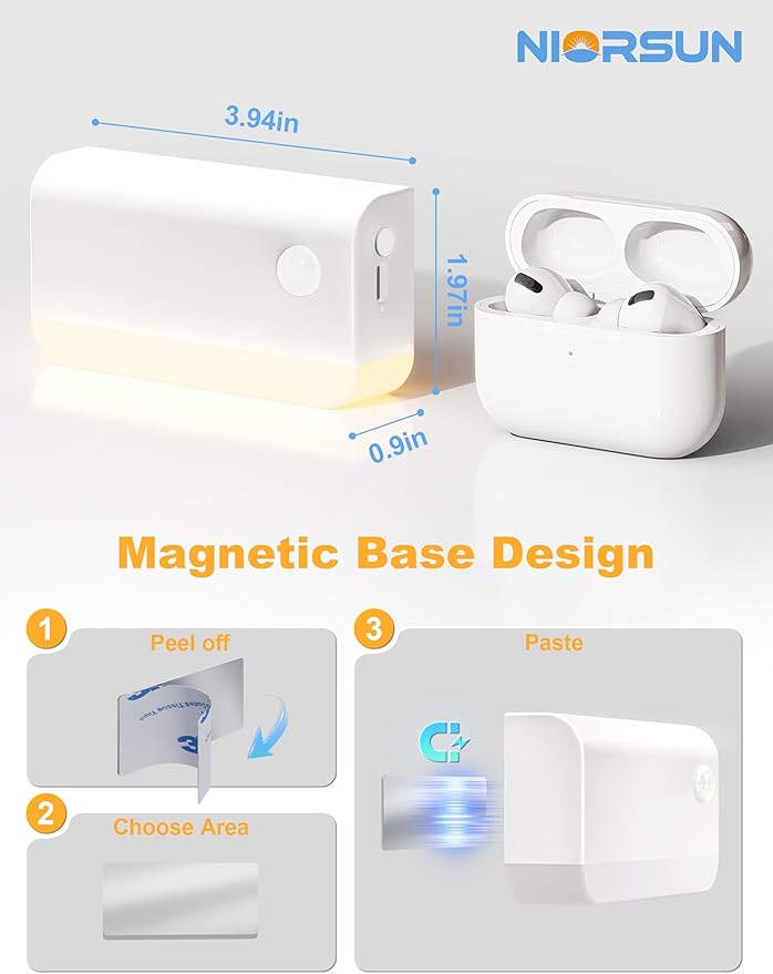 NIORSUN Motion Sensor Stair Lights Indoor, 3 Pack Rechargeable Wireless Step Lights with 3 Color Temperatures, 1200mAh Battery, Magnetic Base for Hallway, Closet, Bathroom, White