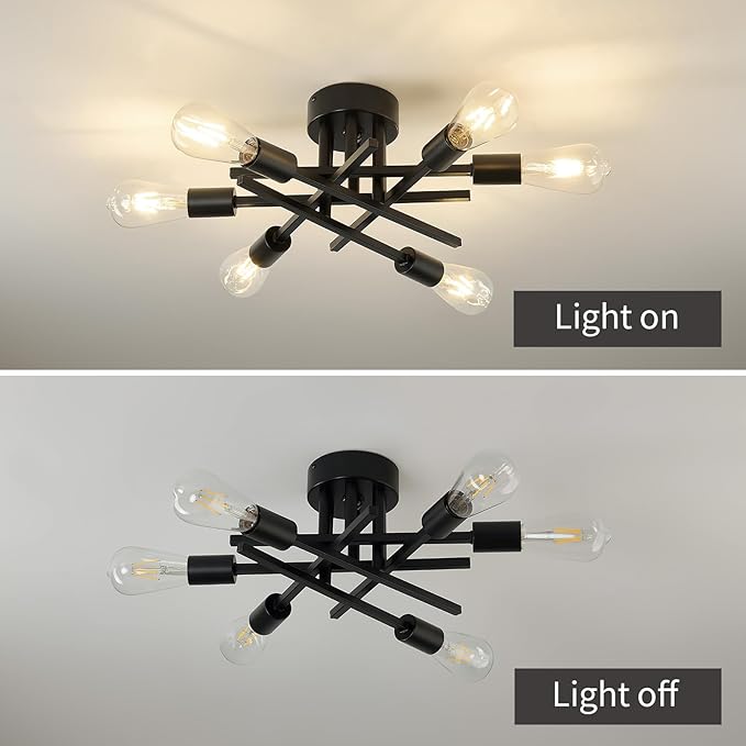 Semi Flush Mount Motion Sensor Ceiling Light Fixture，6 Lights Black Vintage Matte Sputnik Chandelier Ceiling Lamp with E26 Bulb Base for Farmhouse Dining Room Living Room Bedroom Study Kitchen
