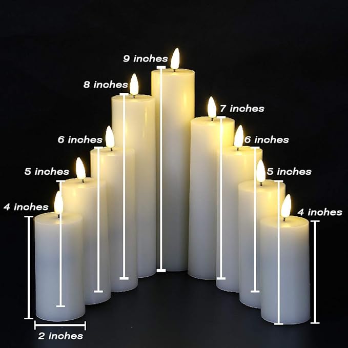 Eywamage Realistic Ivory Slim Flameless Pillar Candes with Remote, Real Wax Flickering Tall LED Battery Fireplace Candles Set of 9