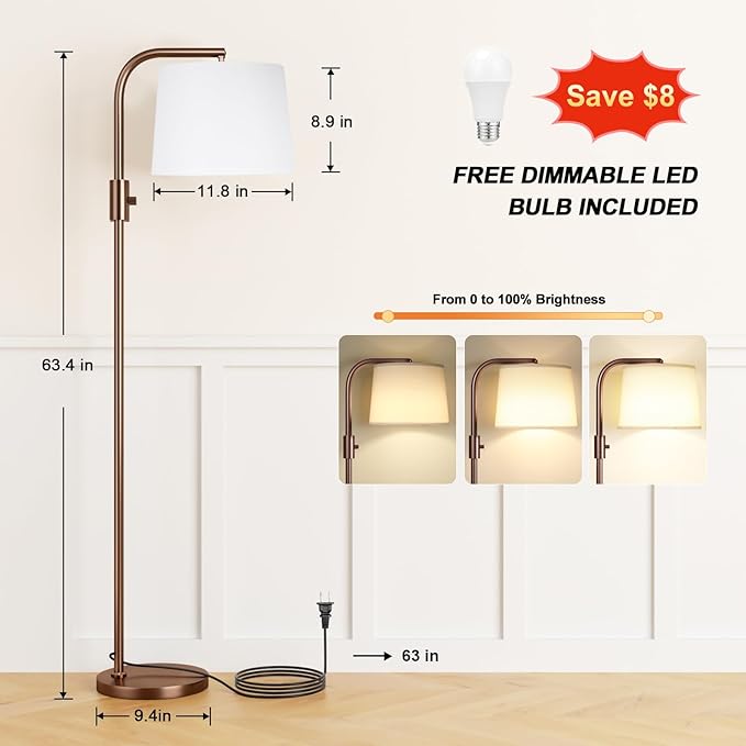 Ambimall 𝐅𝐮𝐥𝐥𝐲 𝐃𝐢𝐦𝐦𝐚𝐛𝐥𝐞 Floor Lamp - Floor Lamps with 9W 𝐋𝐄𝐃 Bulb, Standing Lamps for Living Room with Adjust Head, Modern Standing Tall Light Rotary Switch for Office(Brown and White)