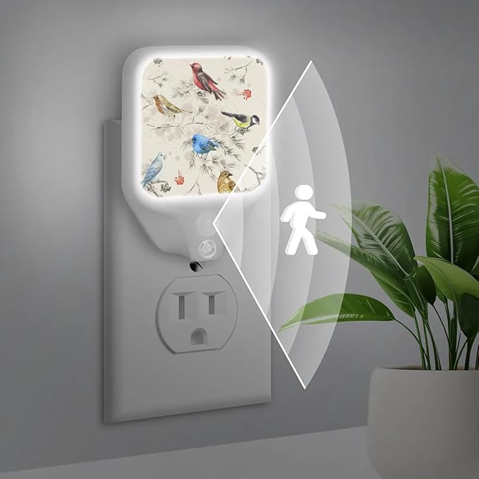 Birds Watercolor Night Lights Plug into Wall, 1.5W Plug in LED Dimmable Motion Sensing Nightlight Auto Dusk to Dawn Sensor for Kids Adults Bedroom, Bathroom, Hallway Warm White