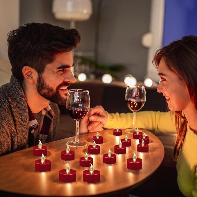 Flameless LED Tea Light Candles, Battery Operated Flickering Electric Fake Candles Bulk, 24 Pack Powered Votive Tealights Long Lasting 200H+ Bright Red Lamp for Seasonal & Festive Gift Decoration