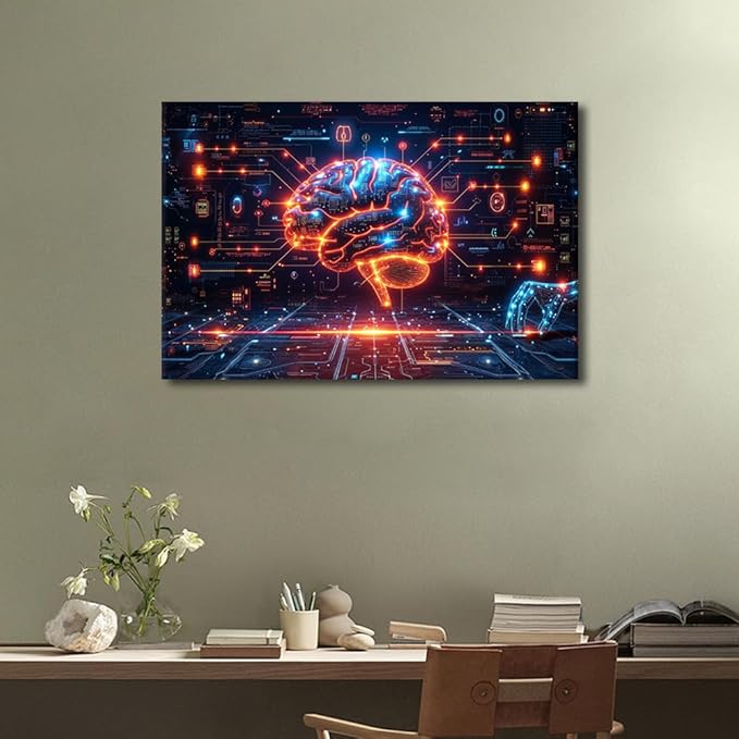 TUMOVO Artificial Intelligence Paintings Wall Decor Robot Brain Posters for Room Digital Brain Canvas Wall Art for Living Room Bedroom AI Picture Modern Artwork Home Decor 16" Wx24 Hx1 Panel