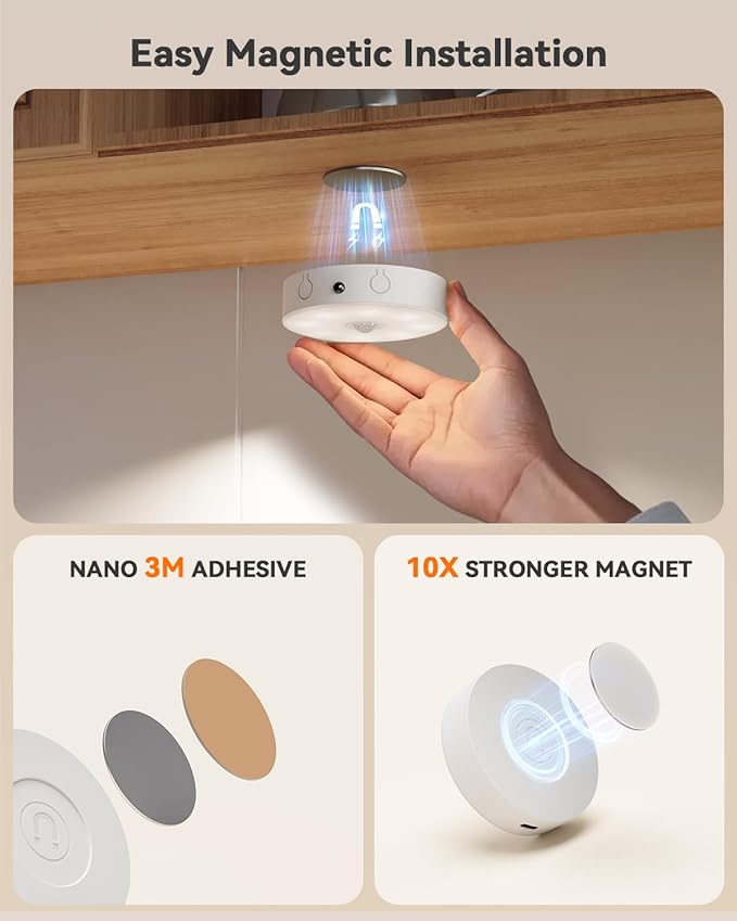 Puck Lights with Remote, Rechargeable Under Cabinet Lighting, 3 Color Temps, 12 RGB Color LED Motion Sensor Lights Wireless, Dimmable Tap Lights for Closet, Kitchen, Shelf, Stair, 8 Pack