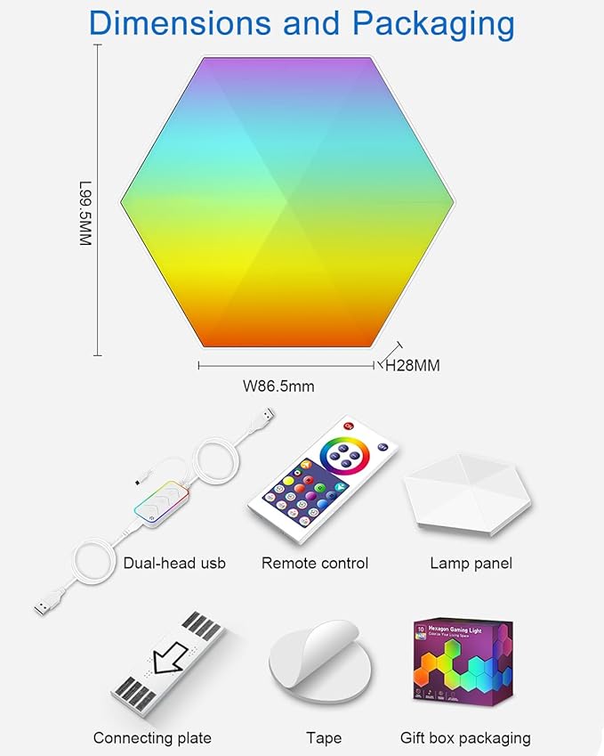 Hexagon LED Lights 10 Pack, Smart RGB Wall Decor with APP/Voice Control, Music Sync, DIY Modular Honeycomb Lights for Gaming Room, Bedroom, Home Theater Wall Decor